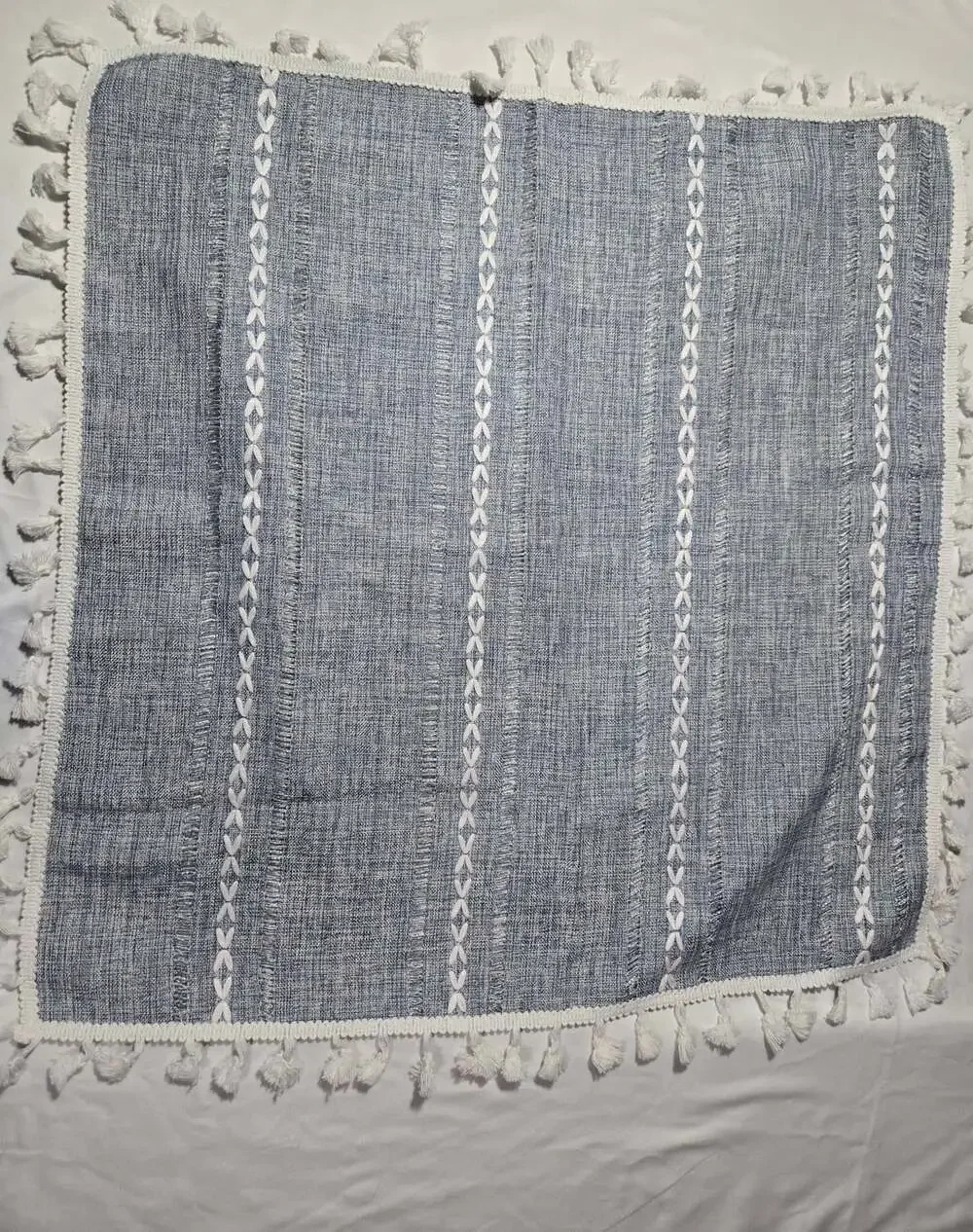 Home Decor Boho Table Runner Blue White Embroidered Tassels 14x24